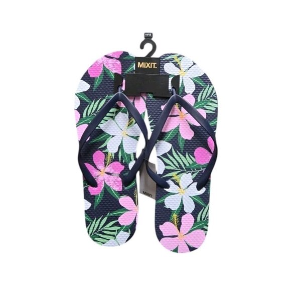 MIXIT Womens Size 11/12 Flip Flops Sandals Blue Floral Comfort Summer Beach Pool - Picture 1 of 4